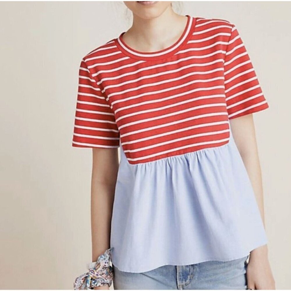 Anthropologie Elias Striped Top Red White Blue Peplum Short Sleeves XS Boho